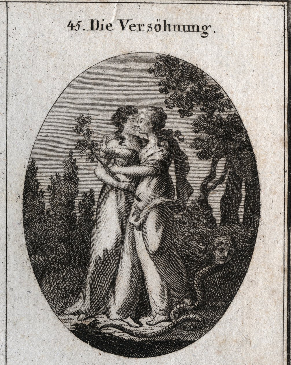 Allegori om forsoning præget af to kvinder, der kysser hinanden. Den ene holder en olivengren, symbol på fred, og den anden skare under fødderne en slange med menneskeansigter, emblem på bedrageri og mekanet. Gravering i "" Iconologie oder Ideen aus de af Austrian School