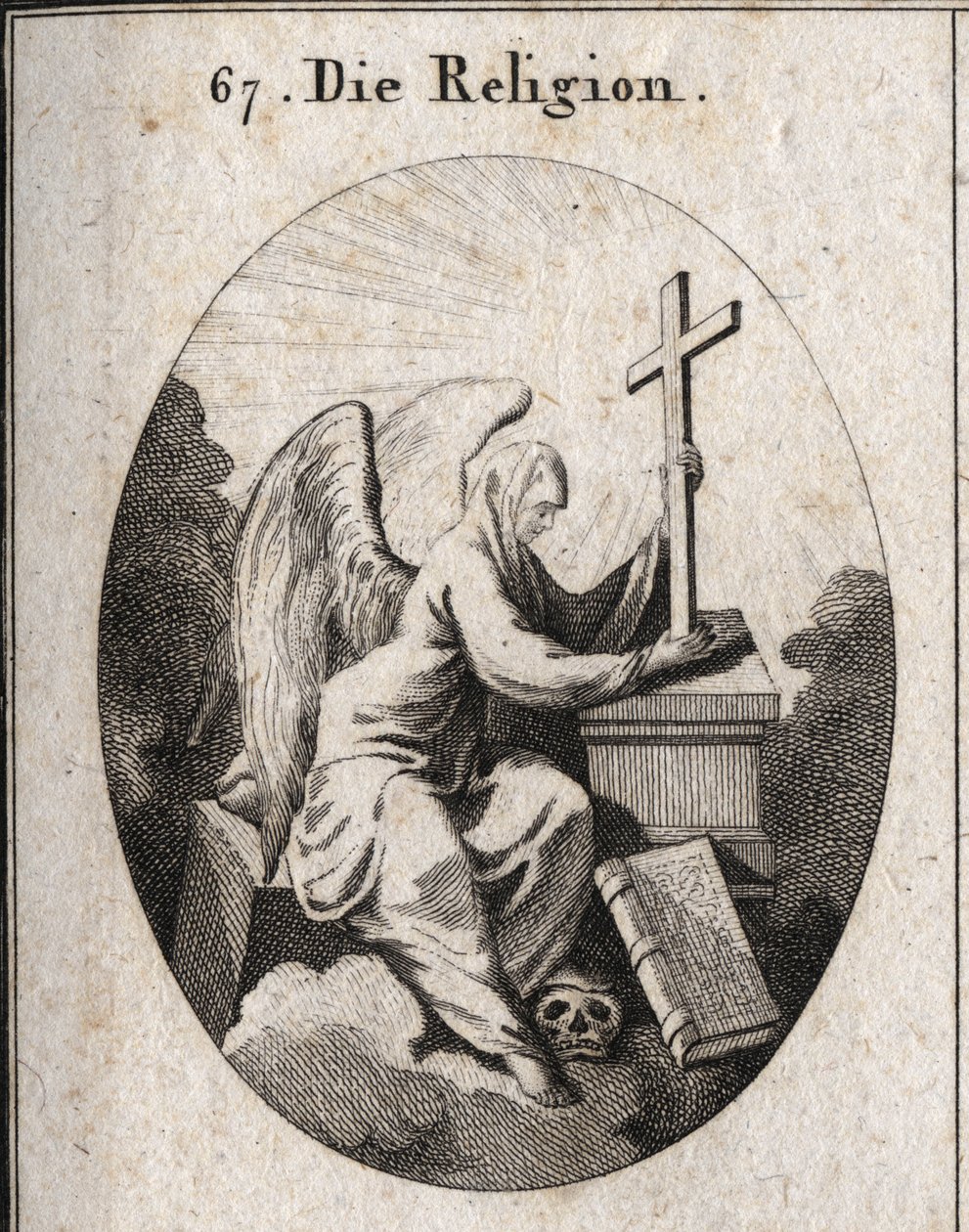 Allegori af religion. Et hvidt slør dækker hans hoved for at indikere, at mysterier er uigennemtrængelige. Hun sidder på en hjørnesten og holder et strålende kors på et alter, i bunden af det er bogen med de 4 evangelier. Hans fod på dødens hoved markerer  af Austrian School