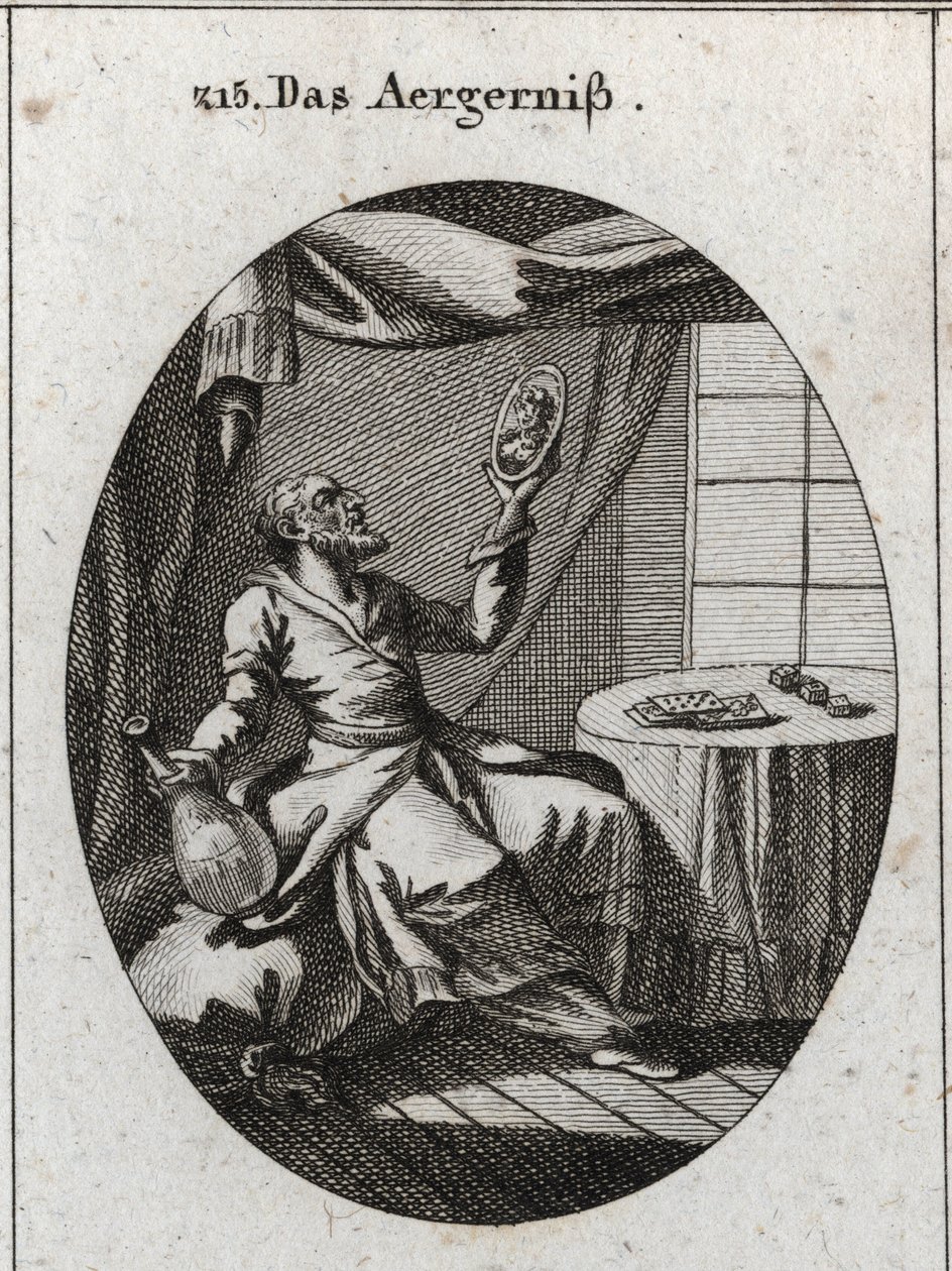 Allegori om skandale. Han holder med den ene hånd en flaske og på den anden et portræt af en ung kvinde og nær et bord, hvor der spilles kort og spil. Gravering i "" Iconologie oder Ideen aus dem Gebiete der Leidenschaften und Allegorien bildich dargest af Austrian School