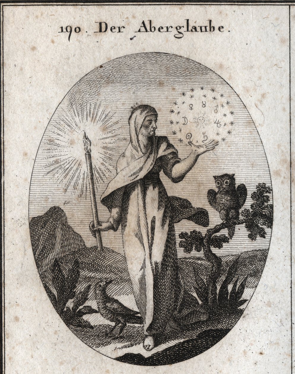 Allegori om overtro. Hun holder et stearinlys og en cirkel af stjerner, der omgiver tegnene på de syv planeter, som hun anser for at være ængstelige. Dens egenskaber er uglen og kragen. Gravering i "" Iconologie oder Ideen aus dem Gebiete der Lei af Austrian School