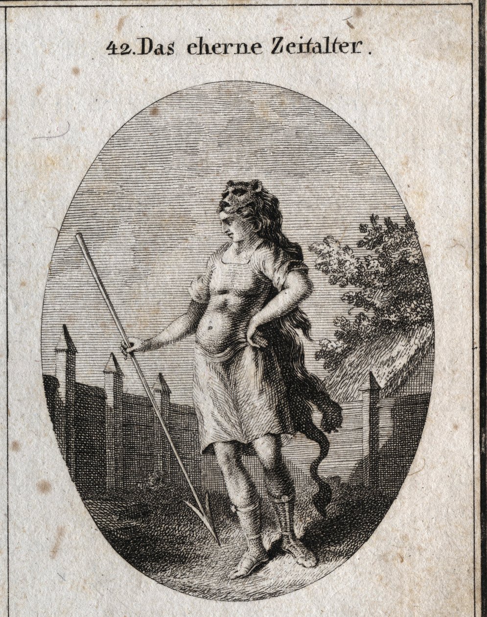 Allegory of the Copper Age repræsenterer som en vagtpost nær et hegn i en stolt holdning våben af ​​et korselet og et spyd og kasket af en løveskind. Indgravering i "" ikonologi eller ideer fra feltet af lidenskaber og allegorier billedligt afbildet fu af Austrian School