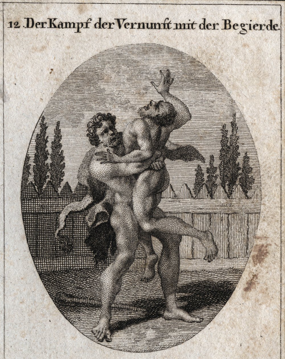 Allegori om kampen om fornuft og appetit. Den jordiske og kødelige appetit er skildret af Ante, og Herkules (Herakles) symboliserer fornuft, styrke og mod, der tager og kvæler Ante. Gravering i "" Iconologie oder Ideen aus dem Gebiete der Le af Austrian School
