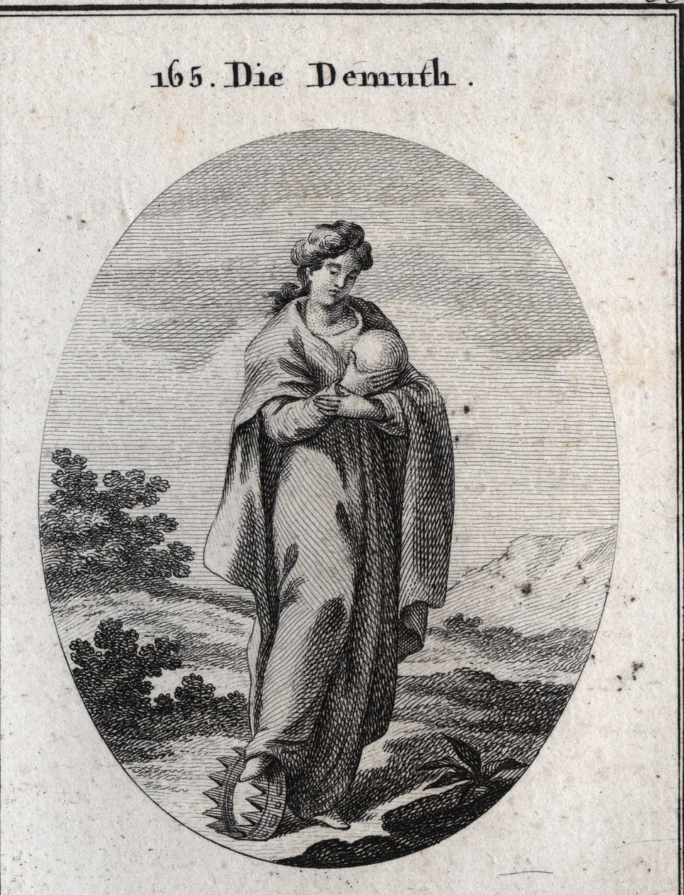 Allegori om ydmygheden. Under hans fod en krone af guld beriget med ædelstene. Hun betragter dedain en bold, der repræsenterer jorden, som hun savner storheden af. Gravering i "" Iconologie oder Ideen aus dem Gebiete der Leidenschaften und Alleg af Austrian School