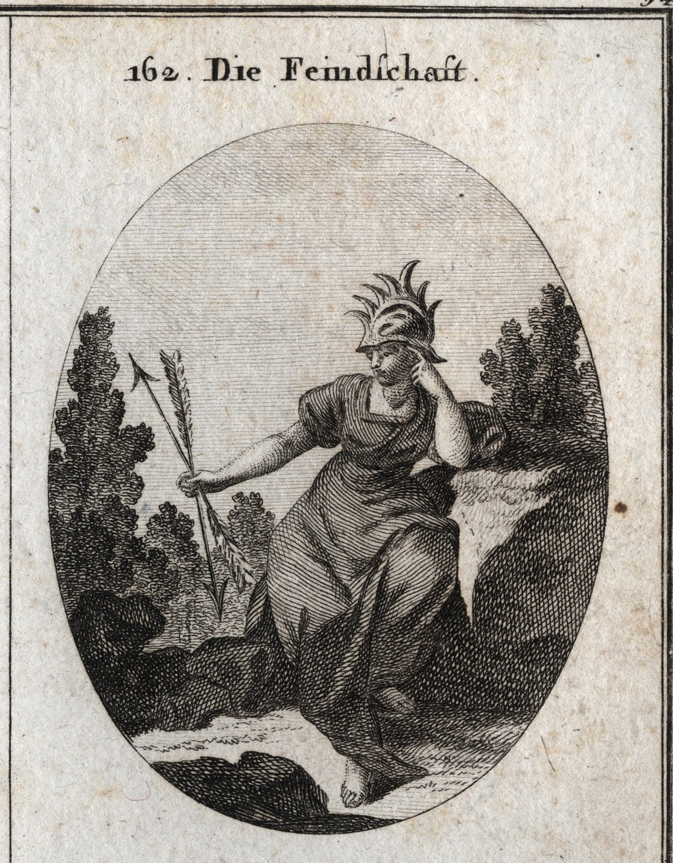 Allegori om inimiten med en hjelm trimmet med jernspidser. Hendes kjole er oversået med flammer. De to pile, hun holder mod det modsatte, er synonyme med selvmodsigelse. Gravering i "" Iconologie oder Ideen aus dem Gebiete der Leidenschaften und Allegori af Austrian School