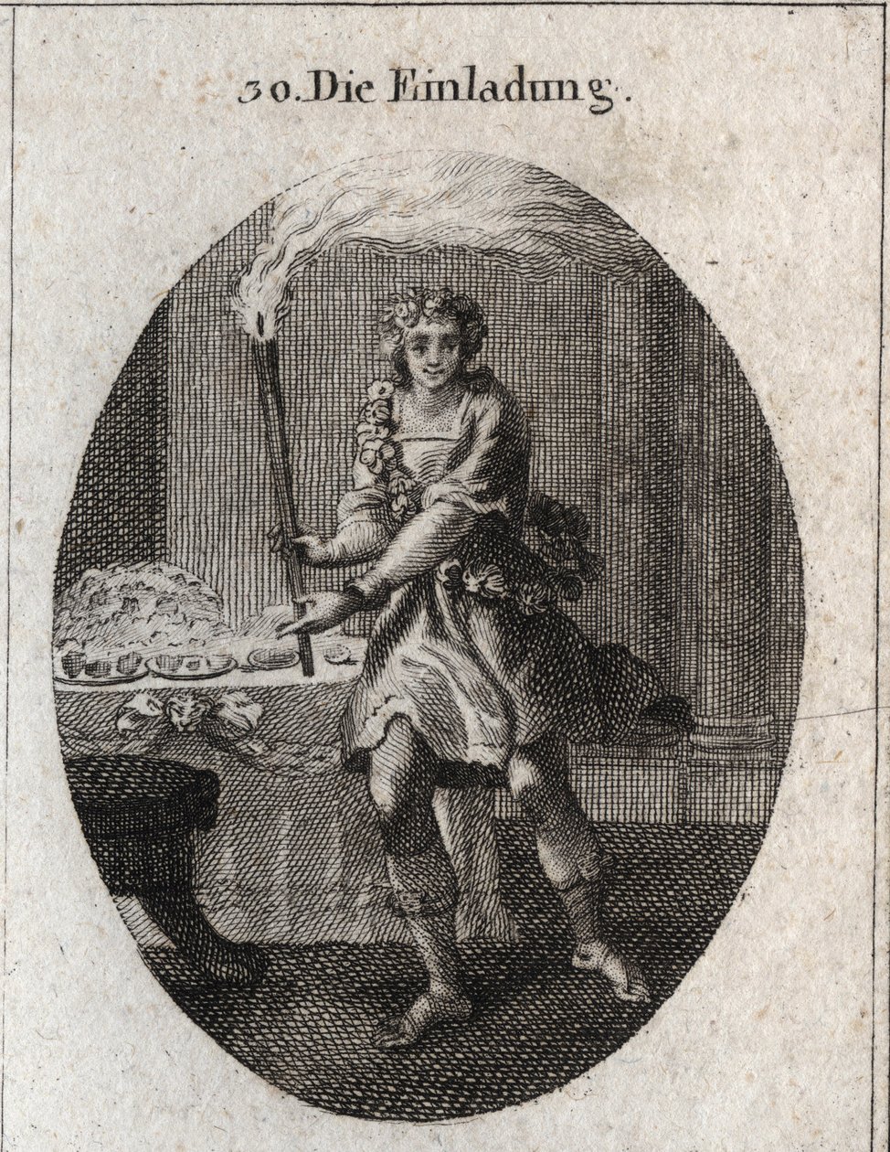 Allegori på invitationen som en ung mand med et grinende ansigt, der inviterer til et bord dækket med tallerkener. Faklen, han holder, er Comus egenskab, gud for fester og natfester. Gravering i "" Iconologie oder Ideen aus dem Gebiete der Leidenschaften af Austrian School