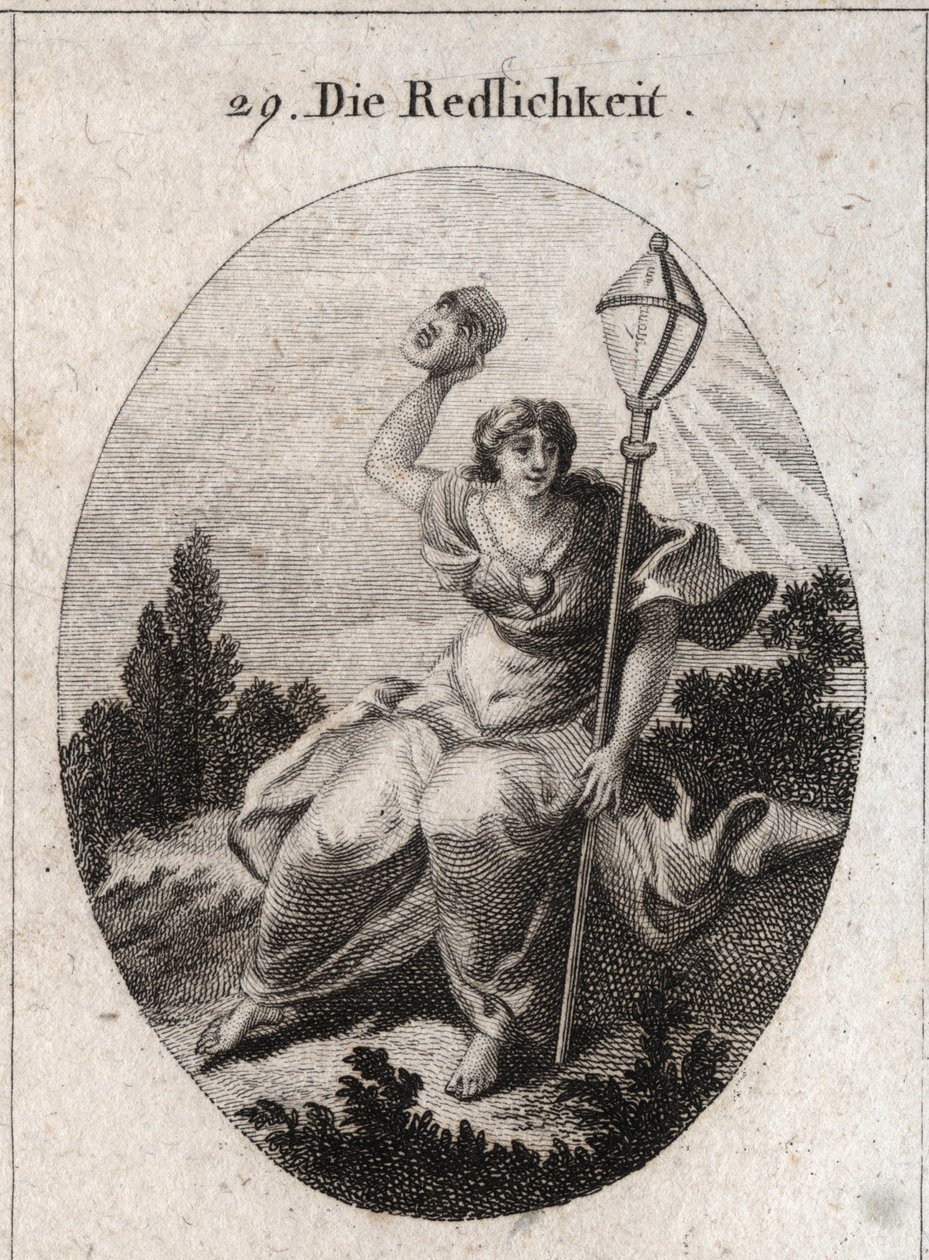 Allegori om den loyale (eller oprigtige), der kaster en maske, der er egenskaben ved finte og løgn. Dens emblem er et kristent lanternesymbol på lynet. Et hjerte er tegnet på hans bryst. Gravering i "" Iconologie oder Ideen aus dem Gebiete der Leidenschaft af Austrian School