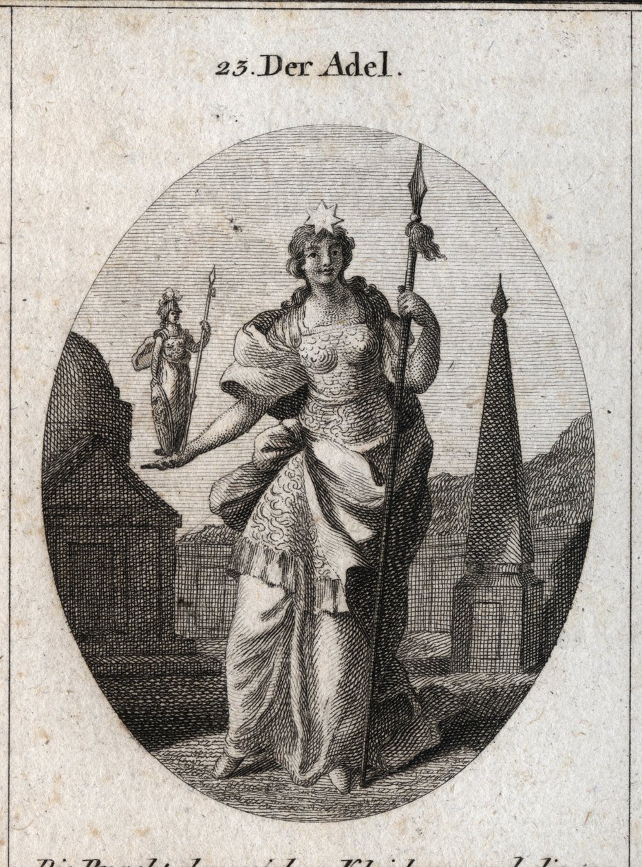 Allegori over adelen. Stjernen betyder forhøjelse af følelser. Statuen af Minerva og spydet markerer, at den kan opnå fortjeneste inden for videnskab og våben. Gravering i "" Iconologie oder Ideen aus dem Gebiete der Leidenschaften und Allegorien billede af Austrian School