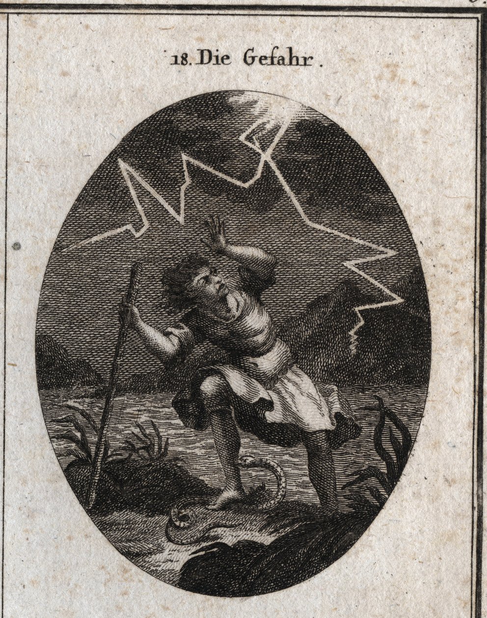 Allegori om faren repræsenteret af en ung mand, der flygter fra en hurtig strøm ved at sætte foden på en slange, der stikker ham, og samtidig slog en torden bag ham. Gravering i "" Iconologie oder Ideen aus dem Gebiete der Leidenschaften und Allego af Austrian School