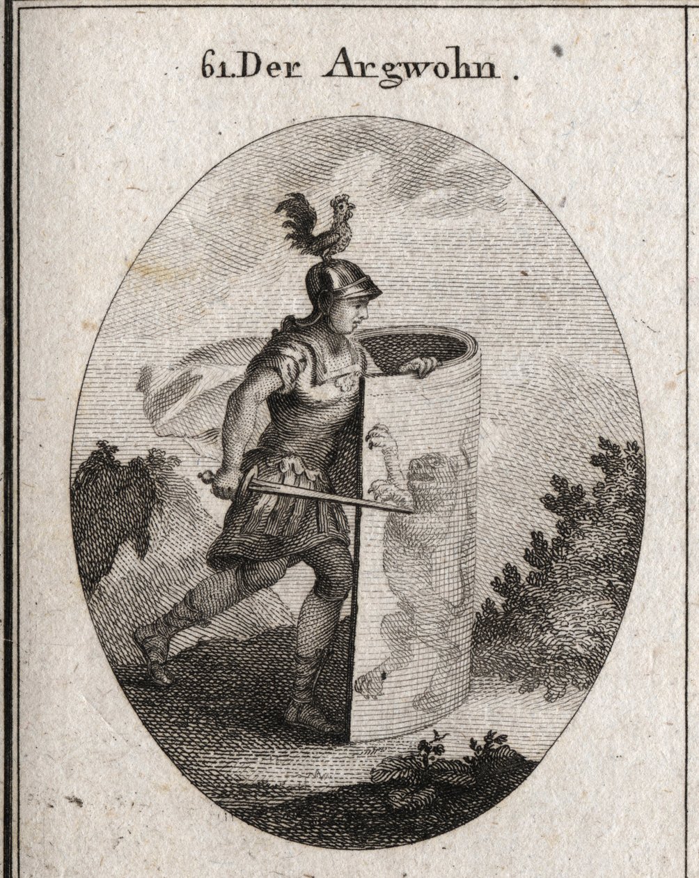 Allegori af mistanken skærer bag et skjold, hvorpå der står en løve, symbol på mistanken ifølge Aristoteles, og en hane på hjelmen, der repræsenterer årvågenhed. Gravering i "" Iconologie oder Ideen aus dem Gebiete der Leidenschaften und Alleg af Austrian School
