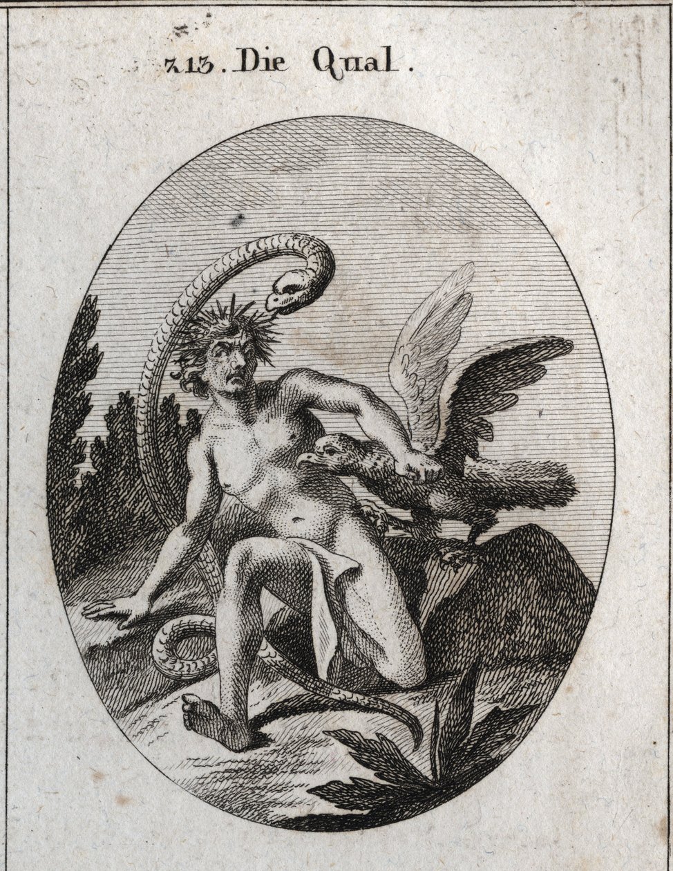 Allegori om pine. Hendes hoved omgivet af torne betyder plager i sindet. Slangen siger, at frygten for faren gør den mere formidabel. En grib æder hans hjerte. Gravering i "" Iconologie oder Ideen aus dem Gebiete der Leidenschaften und Allego af Austrian School