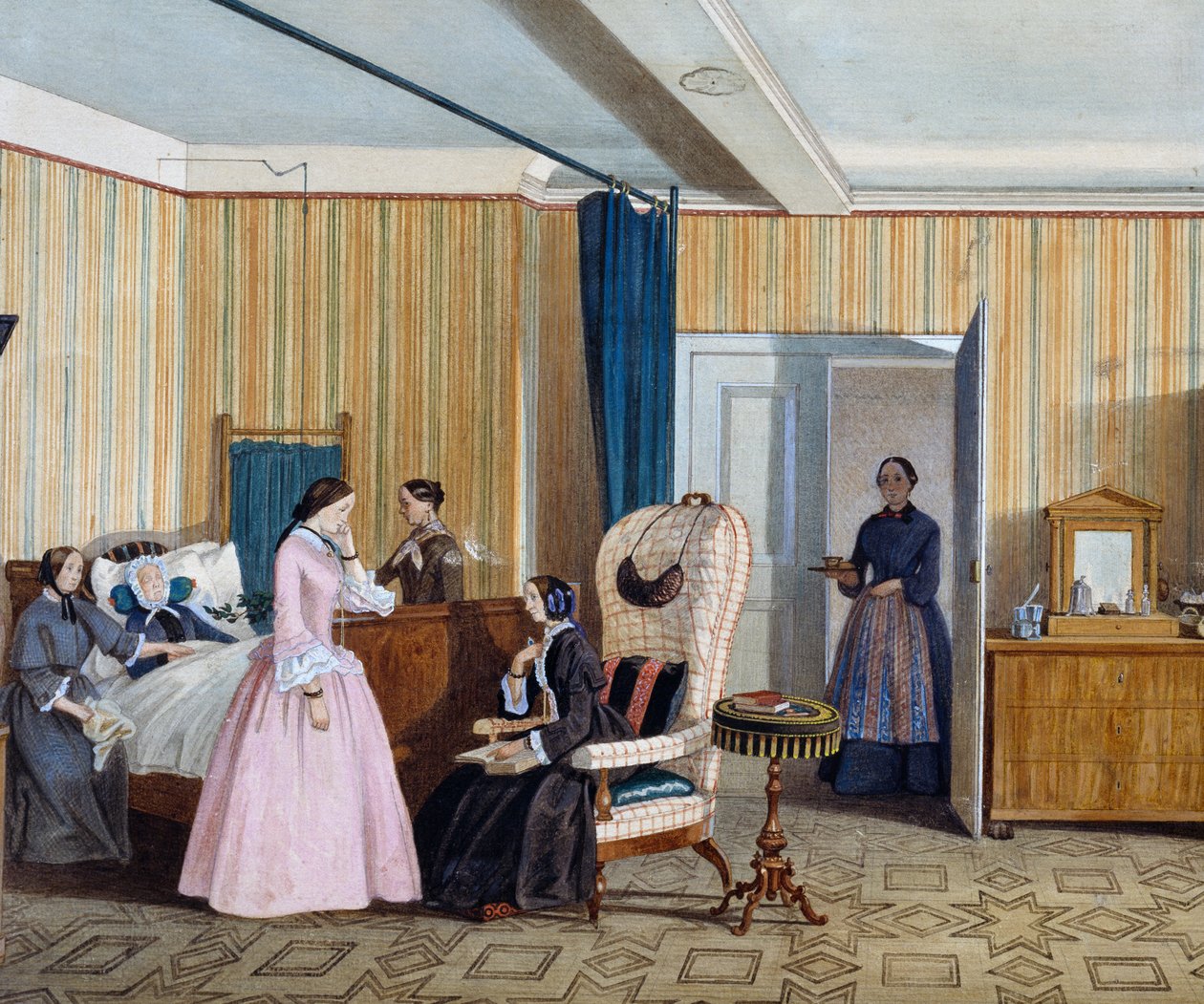 Biedermeier stil soveværelse, akvarel, Østrig af Austrian School