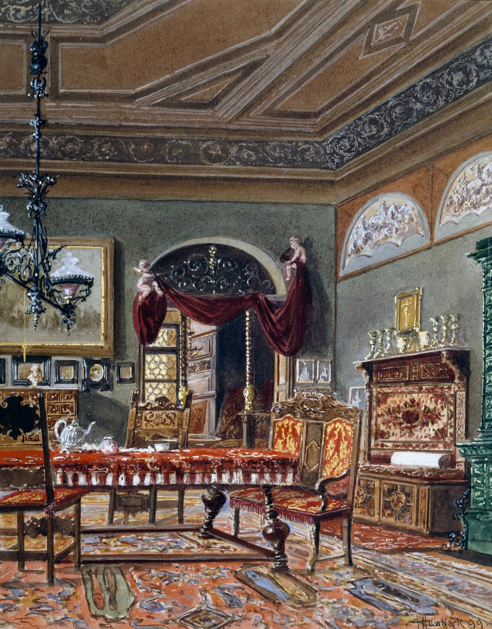 Biedermeier stil hall, akvarel, Østrig af Austrian School