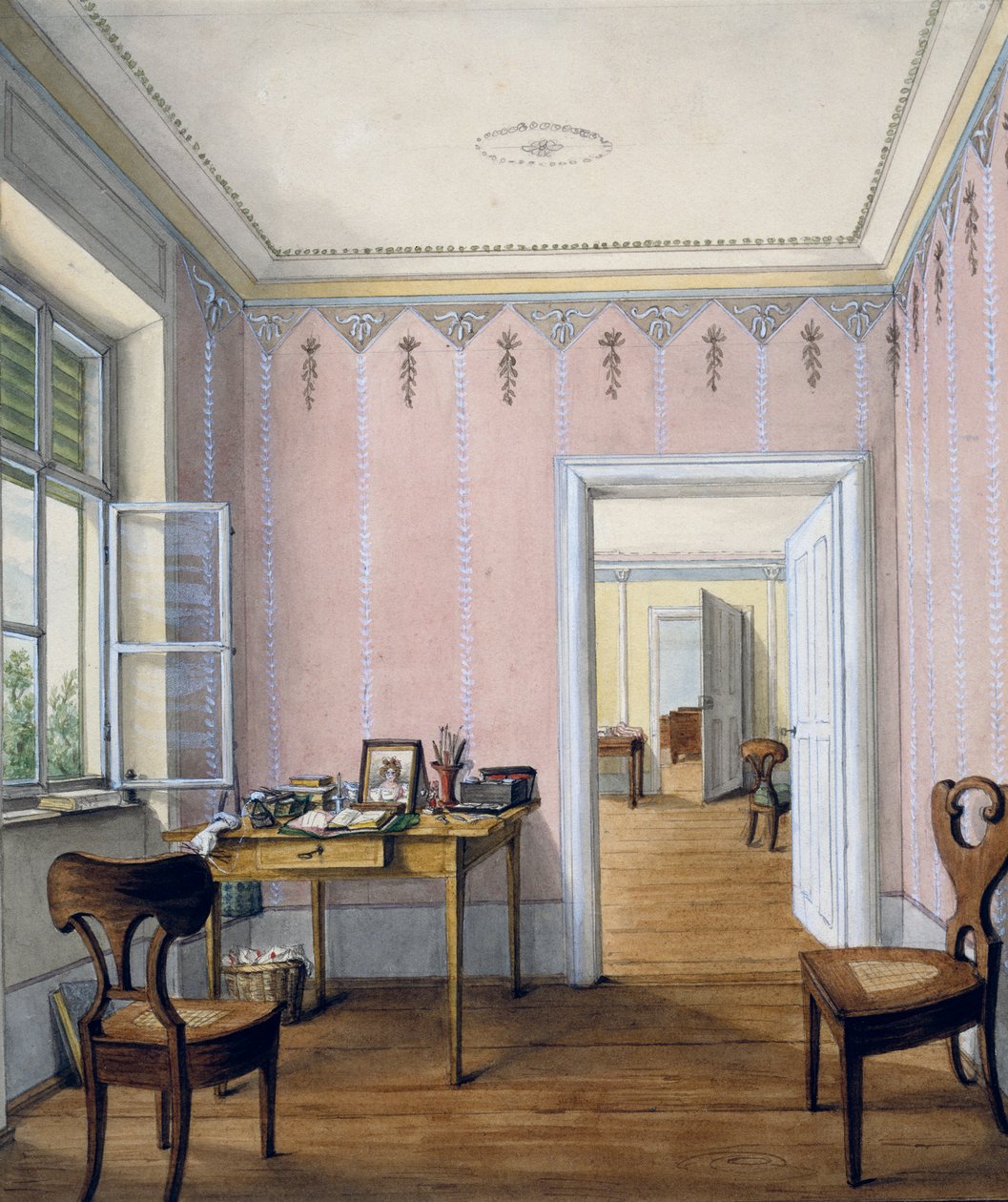 Biedermeier stil interiør, omkring 1840, akvarel, Østrig af Austrian School