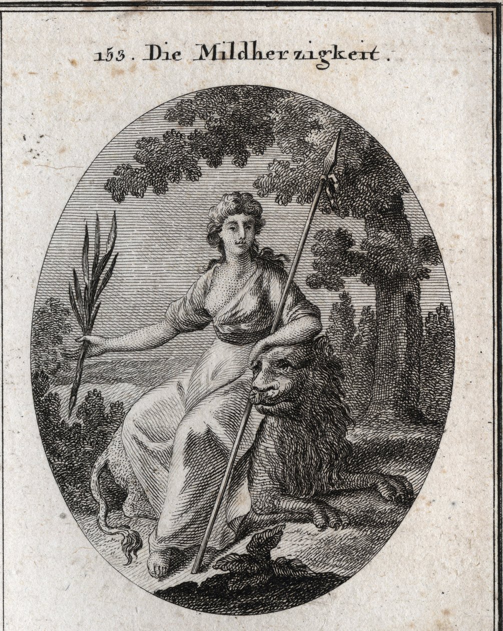 Clemence allegori. Hun er repræsenteret med et spyd og en olivengren for at indikere, at hun har magten til at straffe, men også til at tilgive. Løven er generosits egenskab. Gravering i "" Iconologie oder Ideen aus dem Gebiete der Leidenschaften un af Austrian School