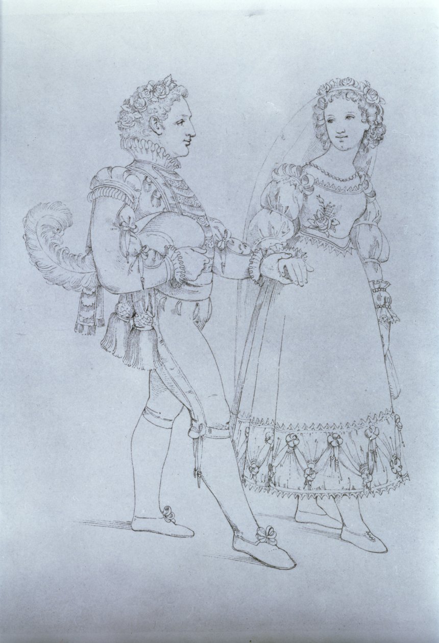 Kostumeforslag til Figaro og Susanna fra operaen "Figaros bryllup" af Wolfgang Amadeus Mozart (1756-91) (stik) af Austrian School