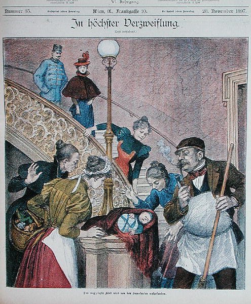 Forside af et østrigsk magasin, der forestiller en baby forladt på en trappe i en boligblok, 28. november 1897 (farve litho) af Austrian School