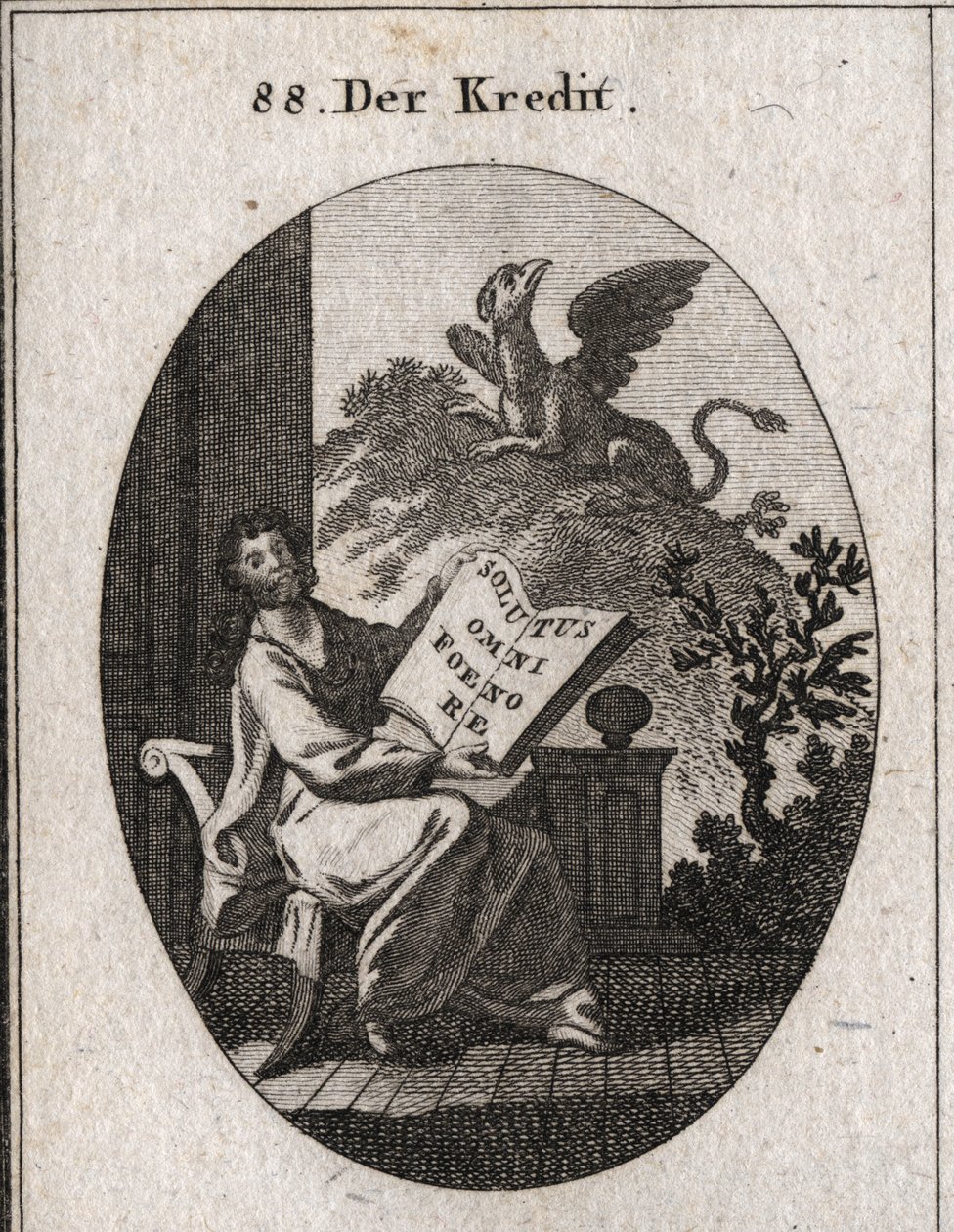 Kredit allegori med en bog med inskriptionen "" Solutus omni foenore"" (Fri for en sejr af alle). I baggrunden et griffon symbol på bevaring og bevarelse af tresorerne. Gravering i "" Iconologie oder Ideen aus dem Gebiete der Leiden af Austrian School