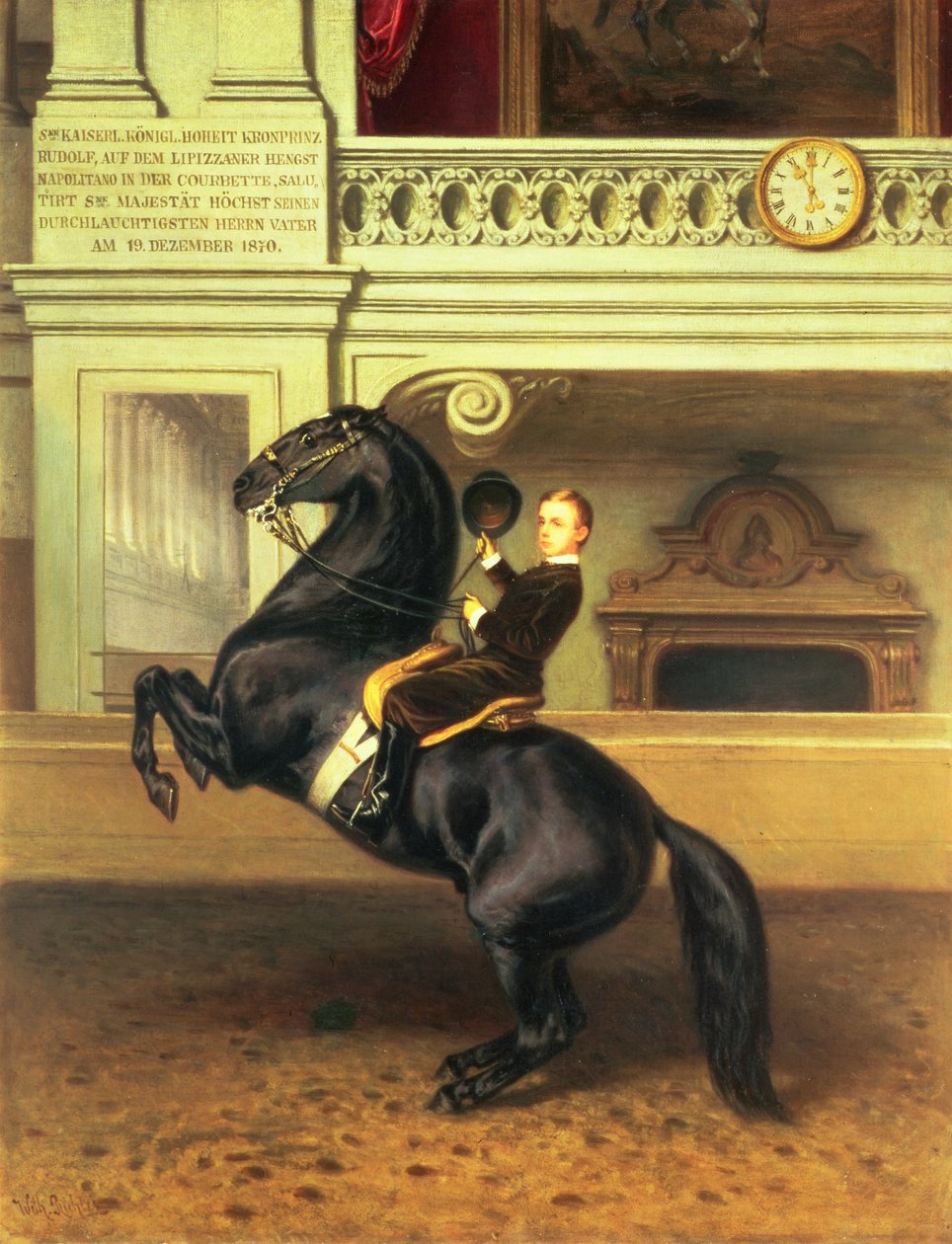 Kronprins Rudolph af Østrig (1858-89) til hest i Hofburgs vinterrideskole, Wien, 1870 af Austrian School