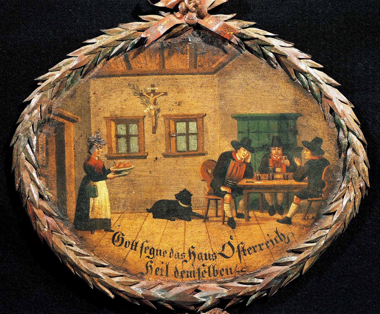 Kunder sidder ved bordet i kro og servitrice, ovalt skilt til kro, Østrig af Austrian School