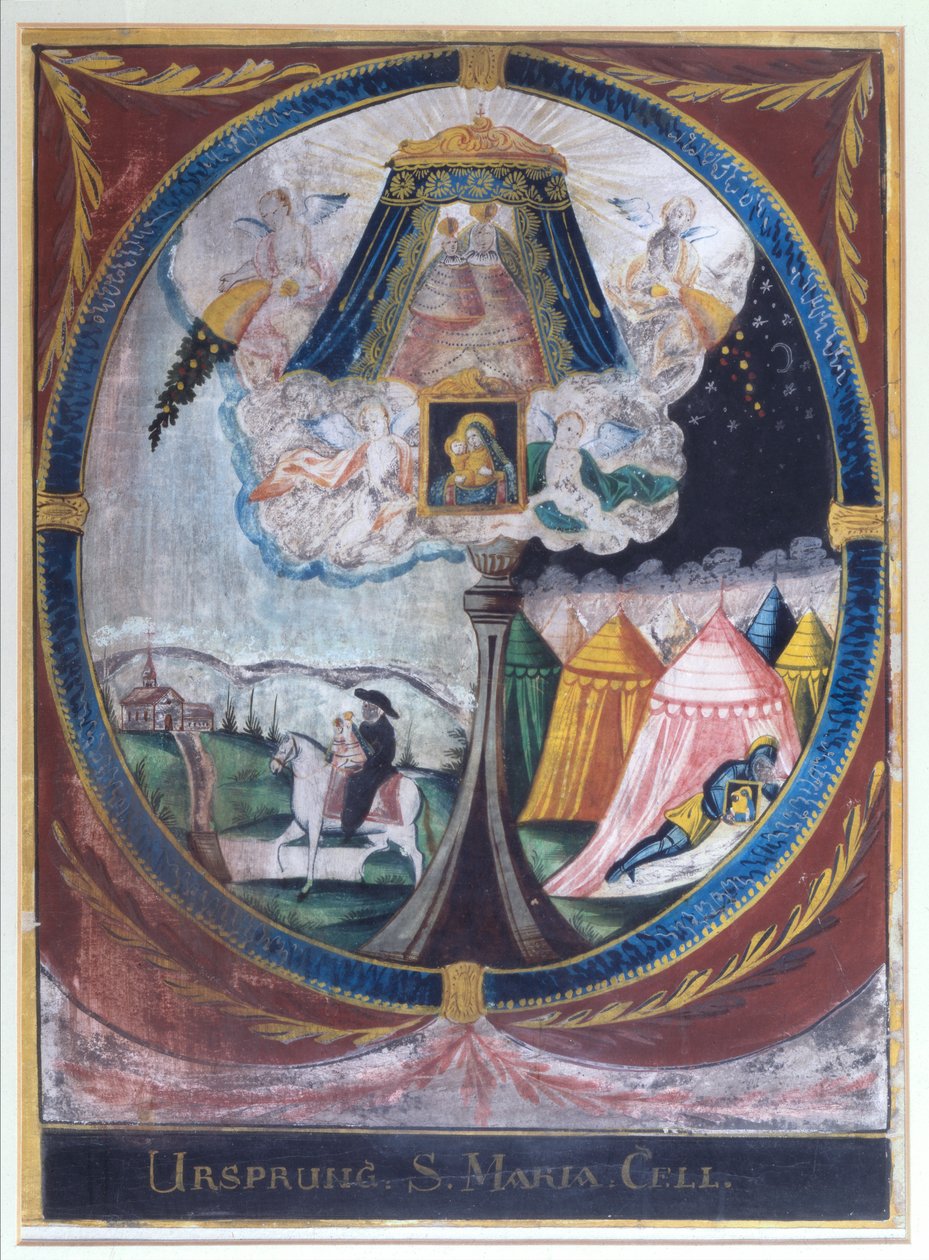 Afbildning af munken Magnus, der bringer den mirakelarbejdende træstatue af Jomfru Maria til Mariazell i 1157 og af Vor Frues åbenbaring til en sovende ridder (akvarel på papir) af Austrian School