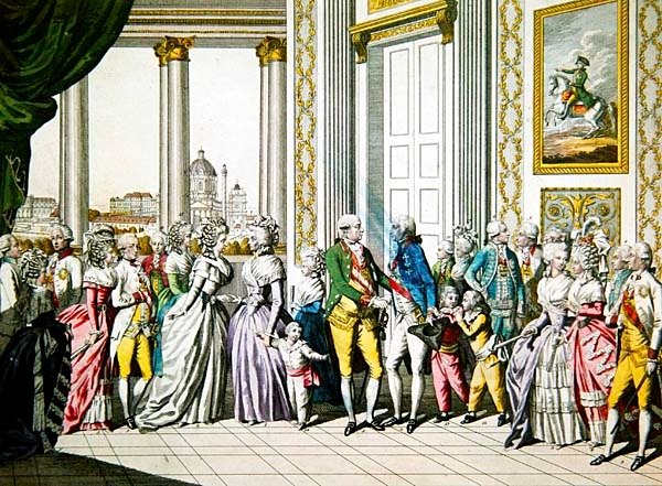 Kejser Leopold II og hans familie byder Ferdinand I, konge af Napoli og Sicilien og hans familie velkommen i Wien af Austrian School