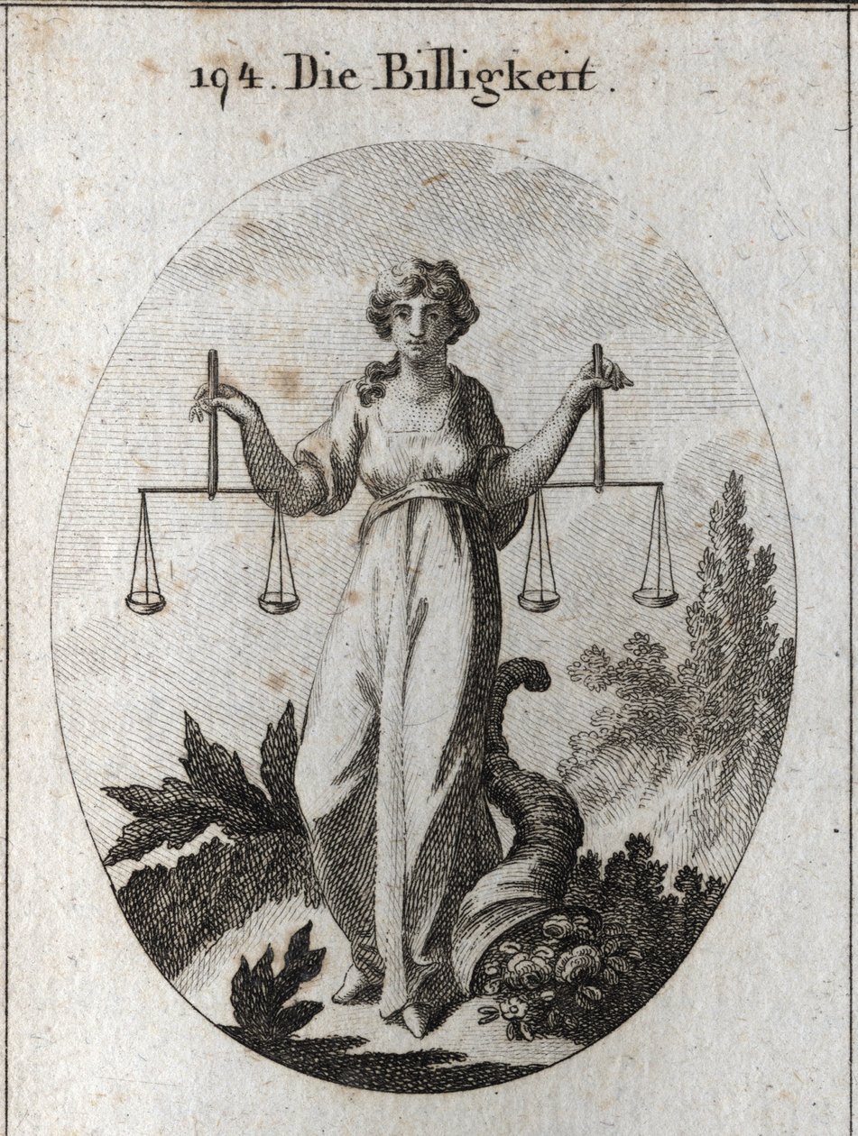 Equity allegori med to vægte i samme højde. Hendes egenskab er overflodens horn for at vise, at hun belønner med godhed efter at have ryddet rigtigt. Gravering i "" Iconologie oder Ideen aus dem Gebiete der Leidenschaften und Allegorien bildic af Austrian School