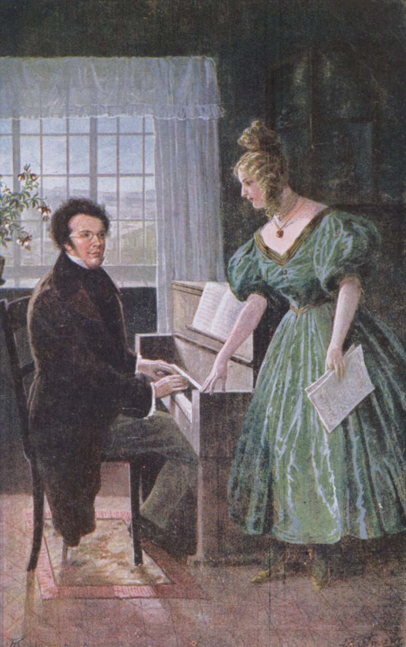 Franz Peter Schubert (1797-1828) spiller klaver, postkort ca. 1910 af Austrian School