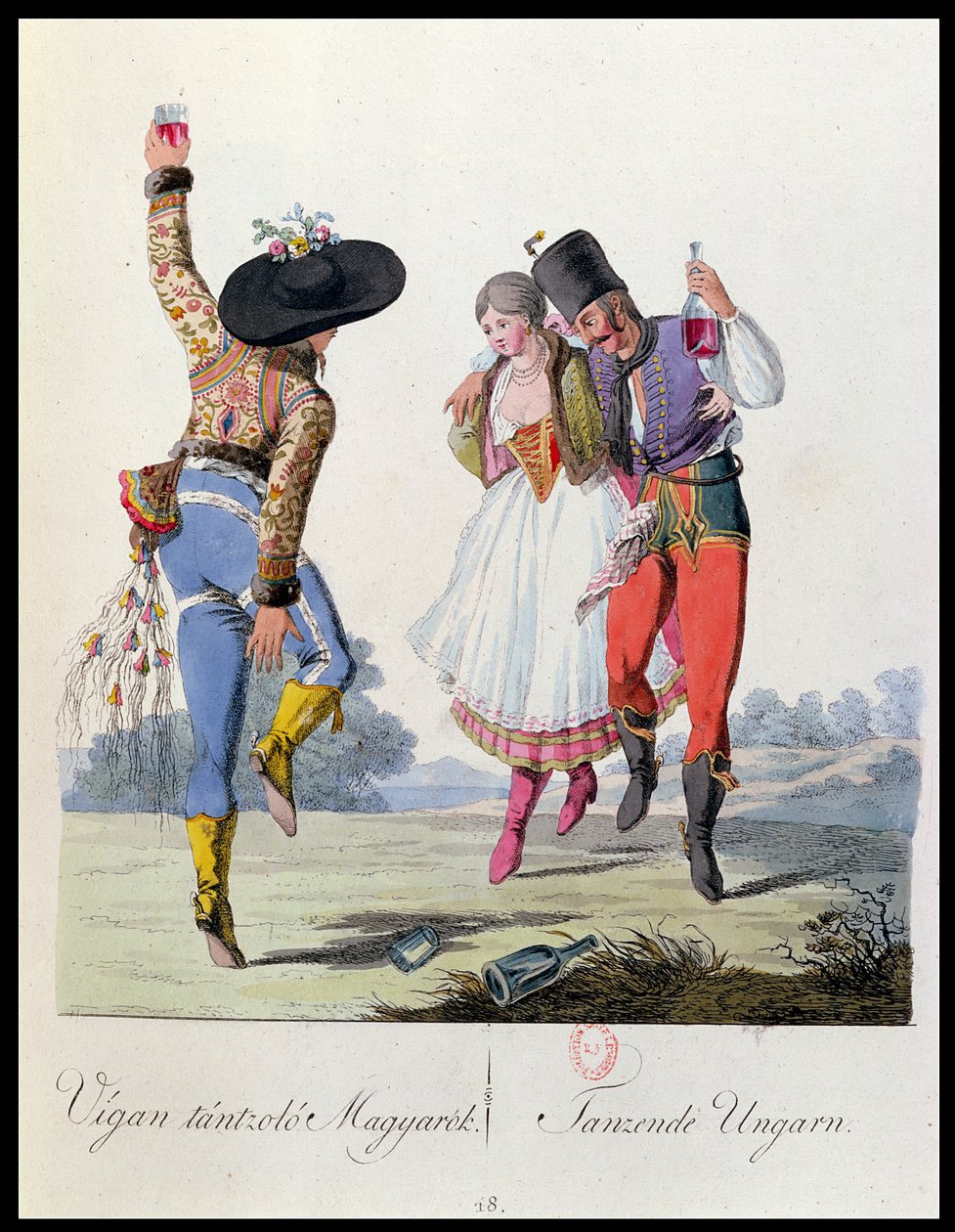 Ungarske dansere i traditionel dragt, illustration fra en bog Costumes de Pannonie af J.H. de Bikkesy, udgivet i Wien, 1810 (farvegravering) af Austrian School