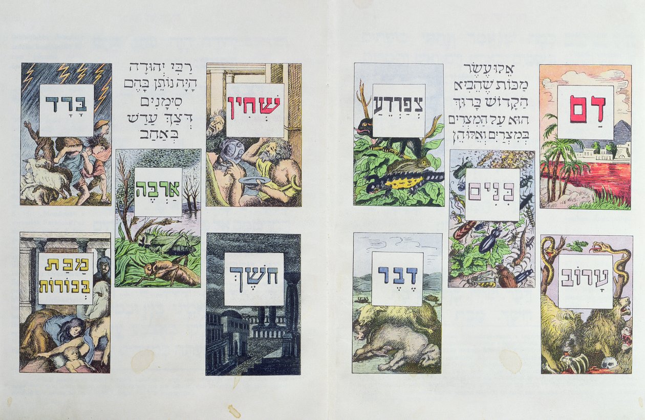 Illustrationer af Egyptens ti plager, fra en haggadah, udgivet i Wien ca. 1900 af Austrian School