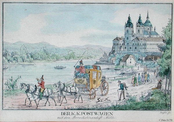 Det kejserlige østrigske postvæsen foran Melk Abbey ved siden af Donau, begyndelsen af det 19. århundrede (farvegravering) af Austrian School
