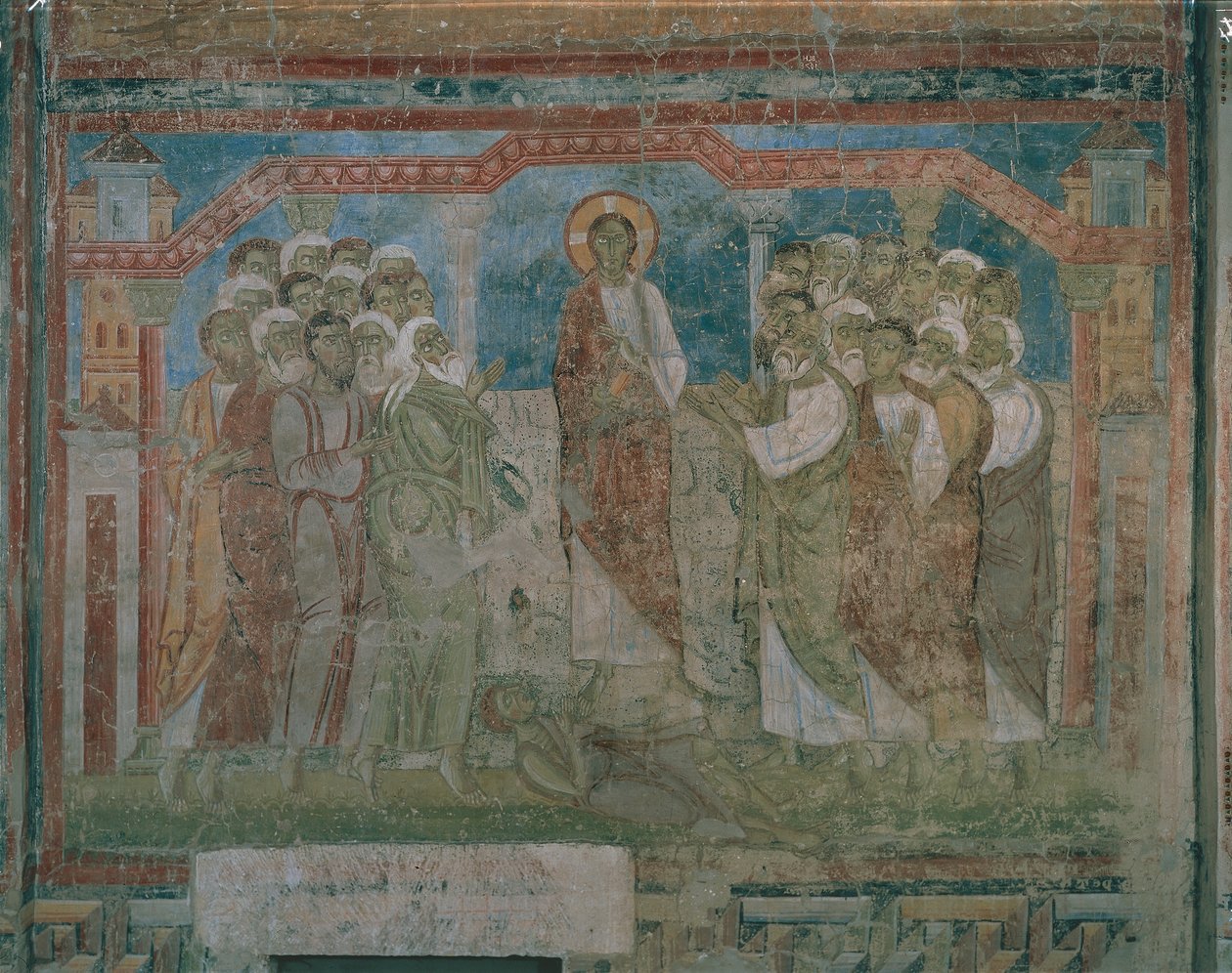 Jesus helbreder en besat mand i Kapernaum-synagogen (fresko) af Austrian School