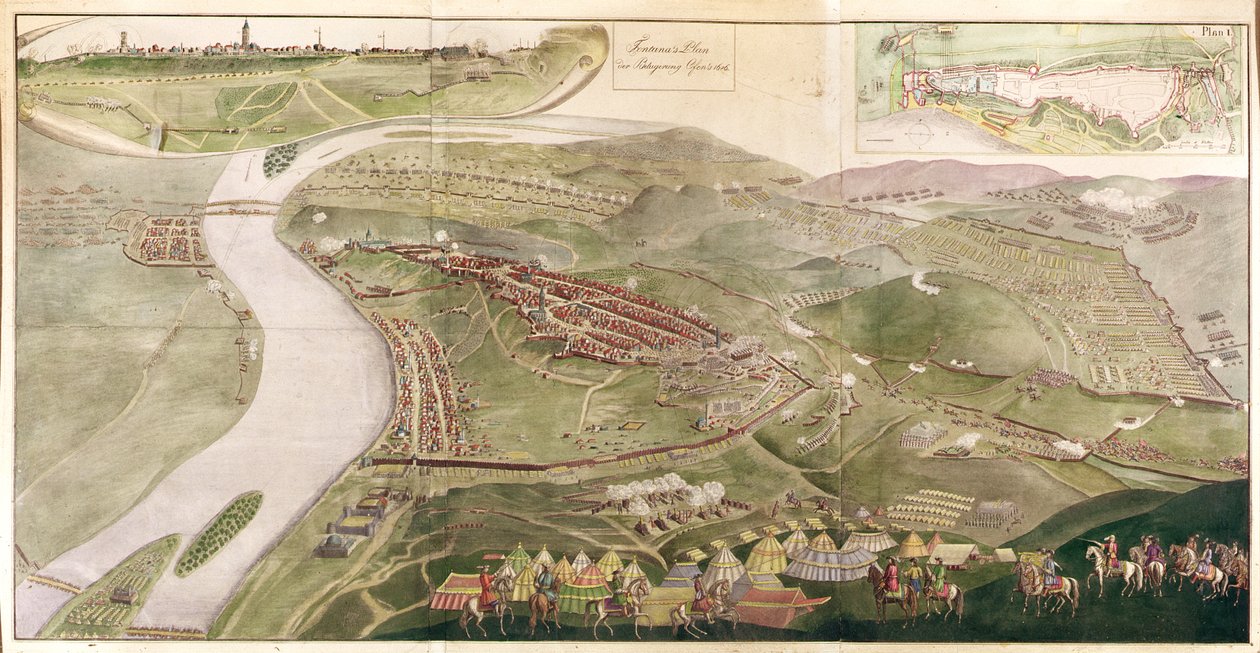 Kort, der illustrerer fangen af Buda, 1686 (farvegravering) af Austrian School