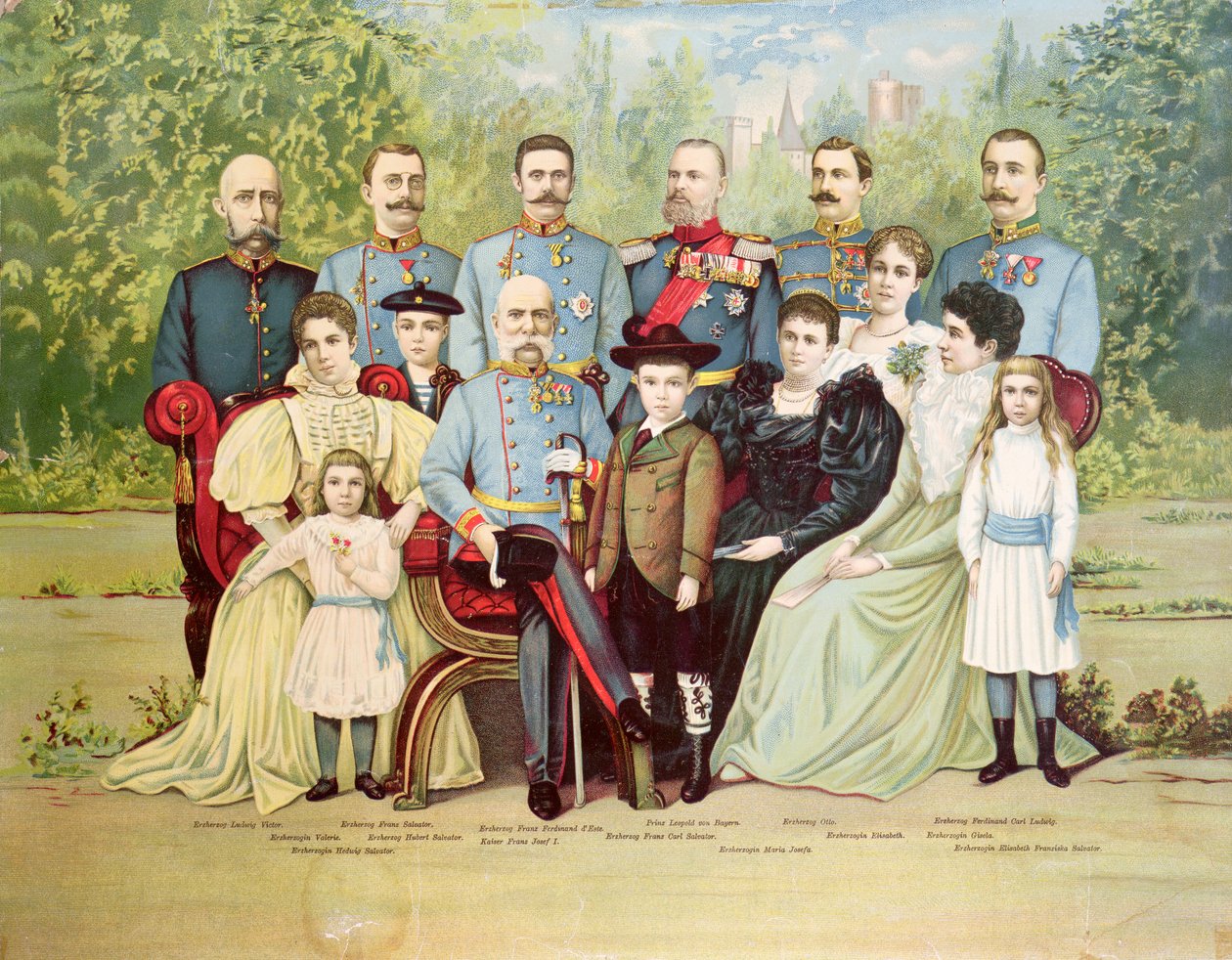 Medlemmer af den østrigske kejserfamilie grupperet omkring kejser Franz Joseph I (1830-1916) ca. 1900 af Austrian School