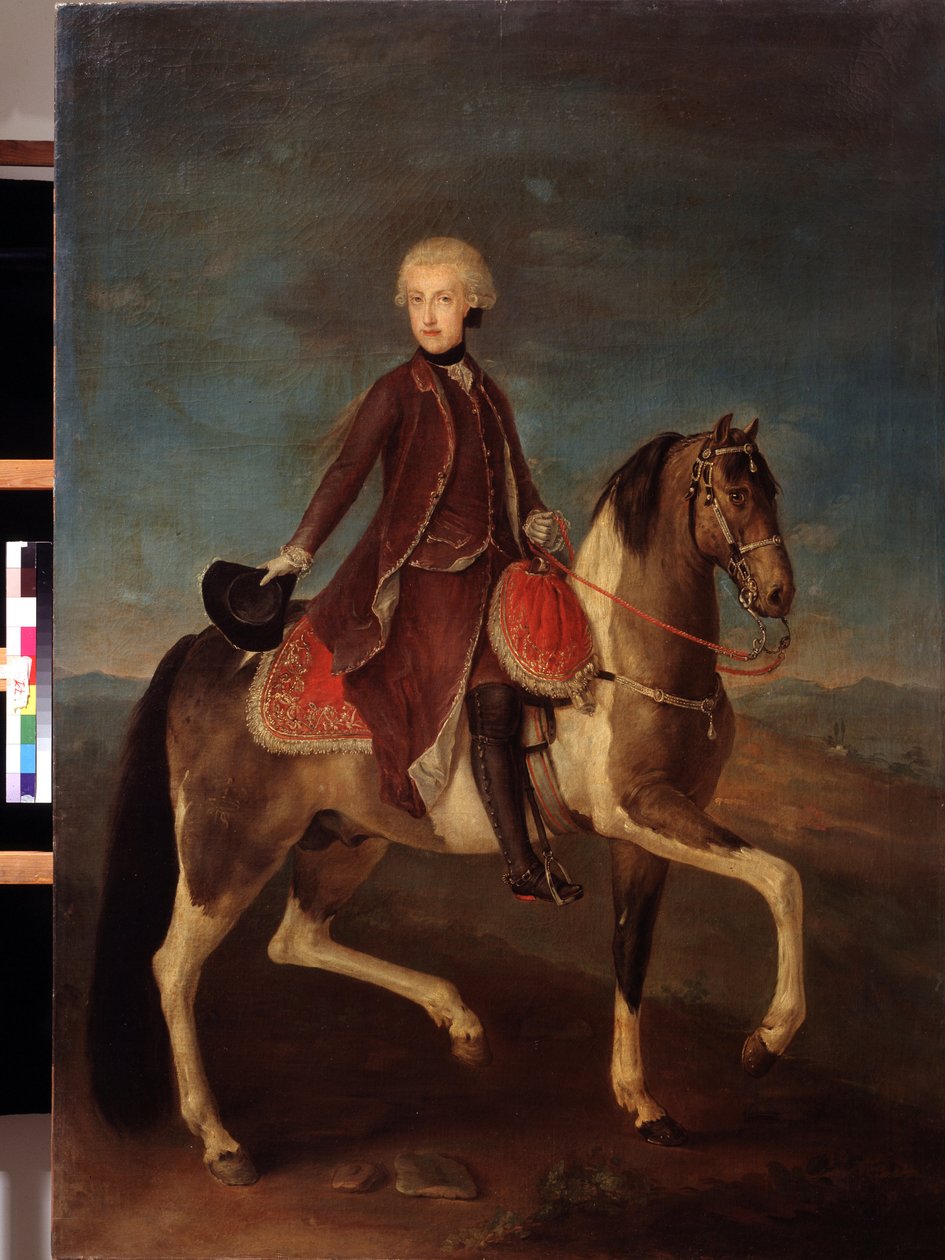 Rideportræt af kejserinde Maria Theresia af Habsburg af Østrig (1717-1780). Maleri af den østrigske skole mellem 1740 og 1750 (1700-tallet). Klassisk stil. Olie på lærred. Pushkin Museum, Moskva. af Austrian School