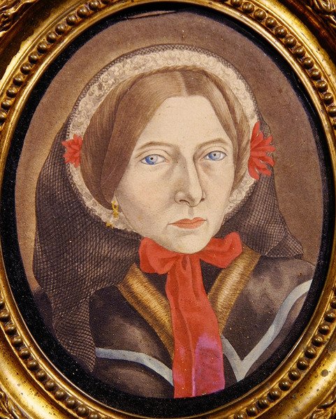 Portræt af en kvinde med motorhjelm og rødt bånd, ca. 1830 (gouache på papir) af Austrian School