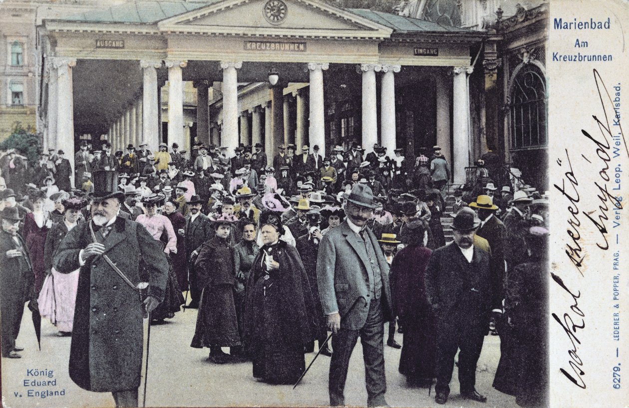 Postkort, der viser kong Edward VII (1841-1910) på besøg i Marienbads kurbad, ca. 1905 af Austrian School