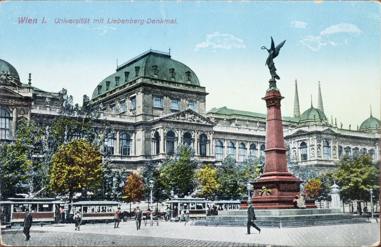 Postkort, der forestiller Wiens universitet og Liebenberg-monumentet, ca. 1915 af Austrian School