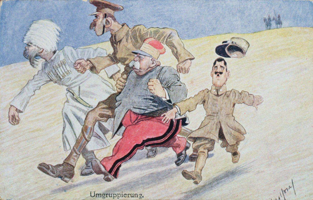 Omgruppering, Rusland, Storbritannien, Frankrig og Italien flygter foran østrigerne og tyskerne i horisonten, postkort fra første verdenskrig af Austrian School