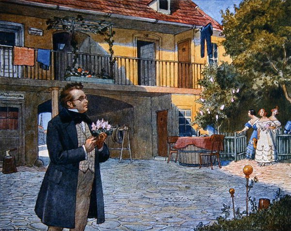 Partitur Omslag til "Das Dreimaederlhaus" ("De tre pigers hus") med Schubert foran huset, ca. 1916 (farvelitografi) af Austrian School