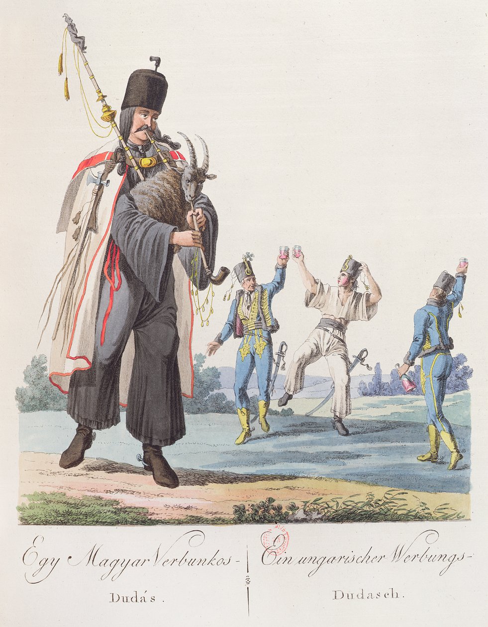 Soldater fra et ungarsk regiment udfører en rekrutteringsdans, illustration fra en bog Costumes de Hongrie, udgivet i Wien, 1810 af Austrian School