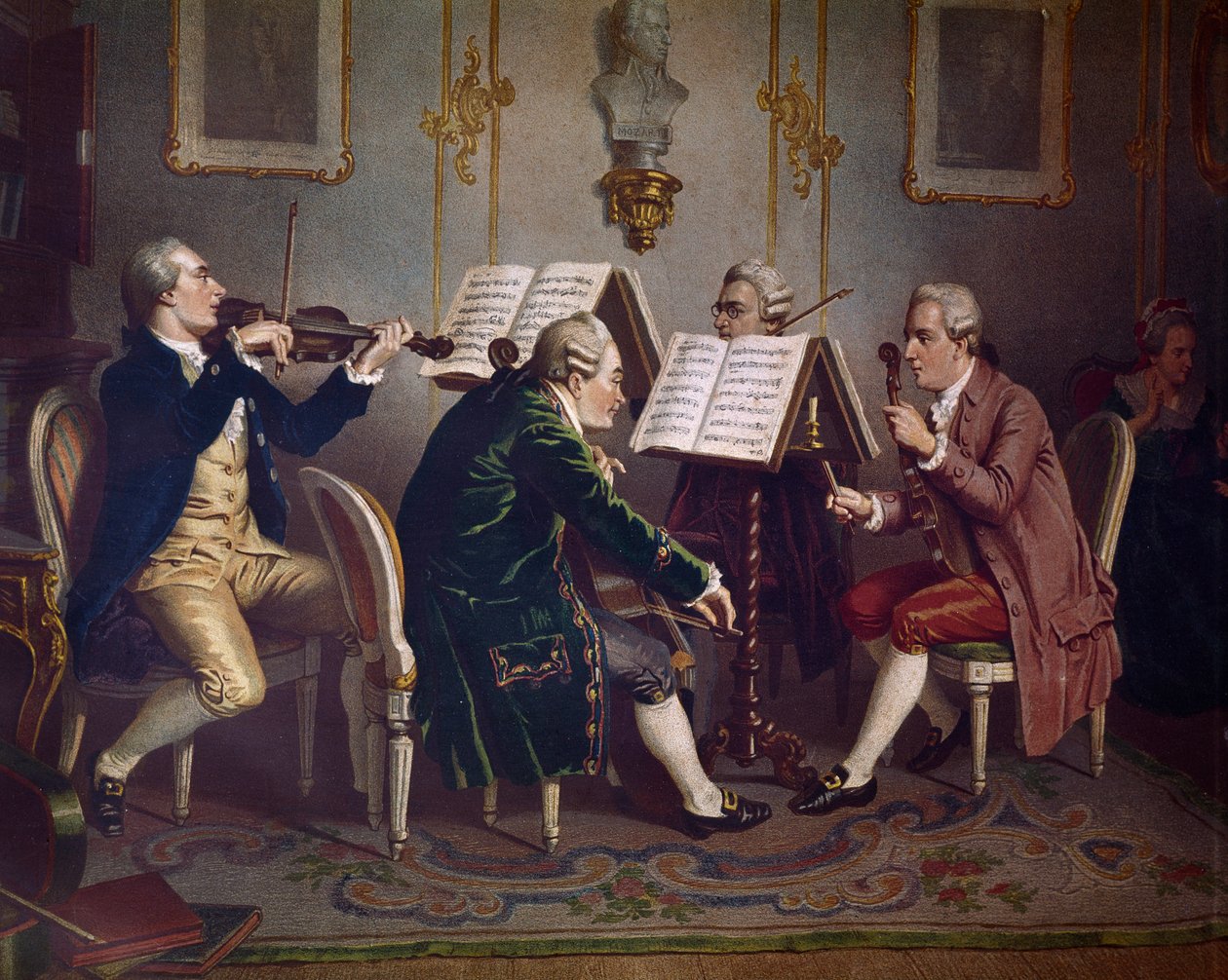 Strygekvartet, der spiller et Mozarts værk (Kammermusik) (litografi af Austrian School