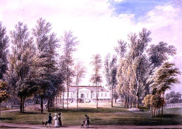 Udsigt over et landsted i en park, ca. 1815 (akvarel på papir) af Austrian School