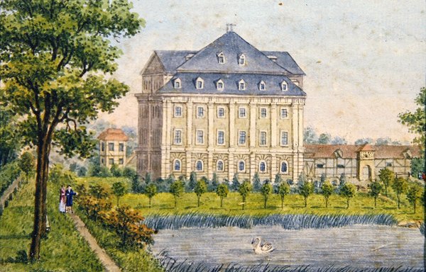 Udsigt over et landschloss, ca. 1780 (gouache) af Austrian School