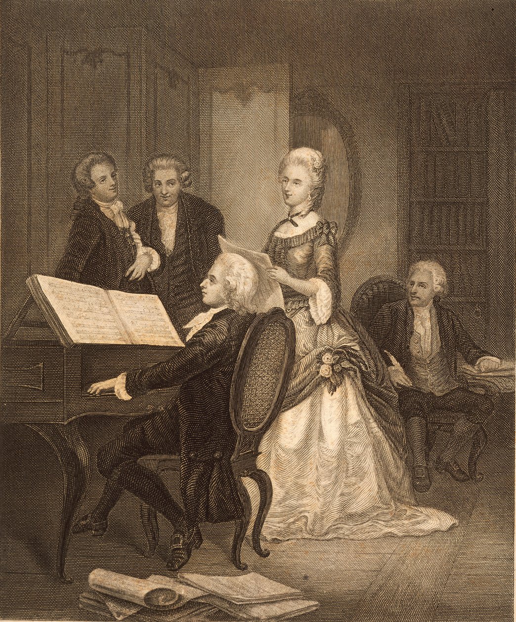 Wolfgang Amadeus Mozart akkompagnerer Caterina Maddalena Giuseppa (gravering) af Austrian School