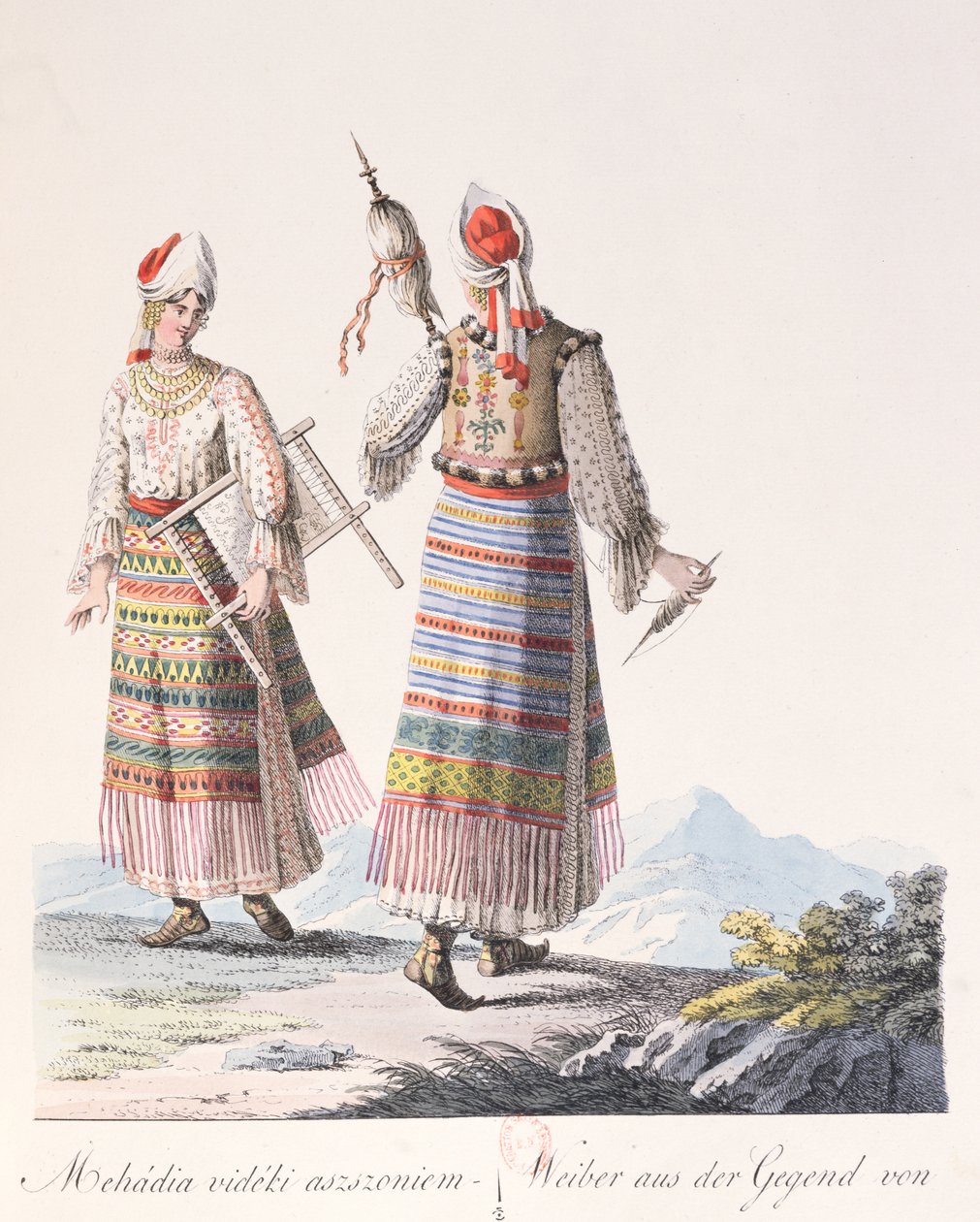 Kvinder i traditionel kjole fra Mehadia-regionen, illustration fra en bog Costumes de Hongrie af J.H. de Bikkesy, 1810 (farvegravering) af Austrian School