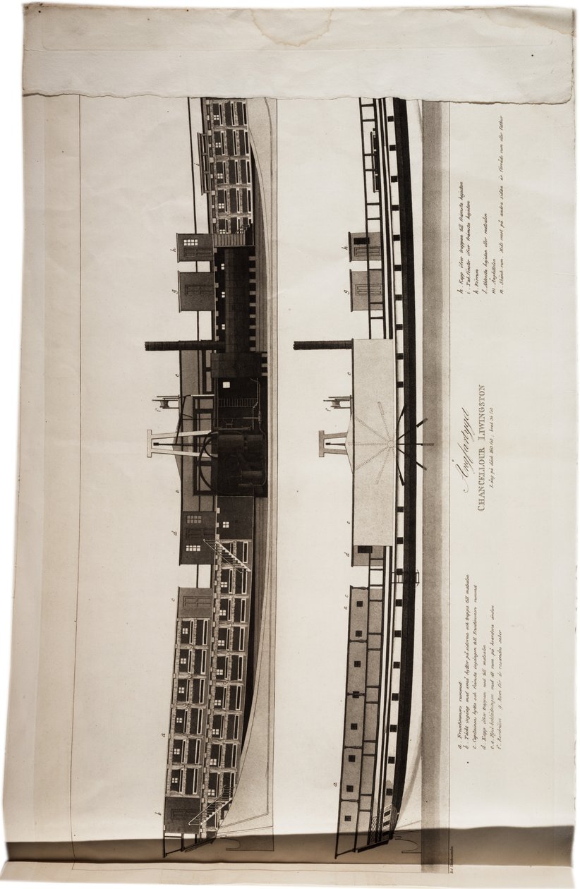Afskårne udsigter over Fultons dampbåd, Chancellor Livingston, fra et atlas fra USA, 1824 (akvatint) af Axel Leonhard Klinckowström