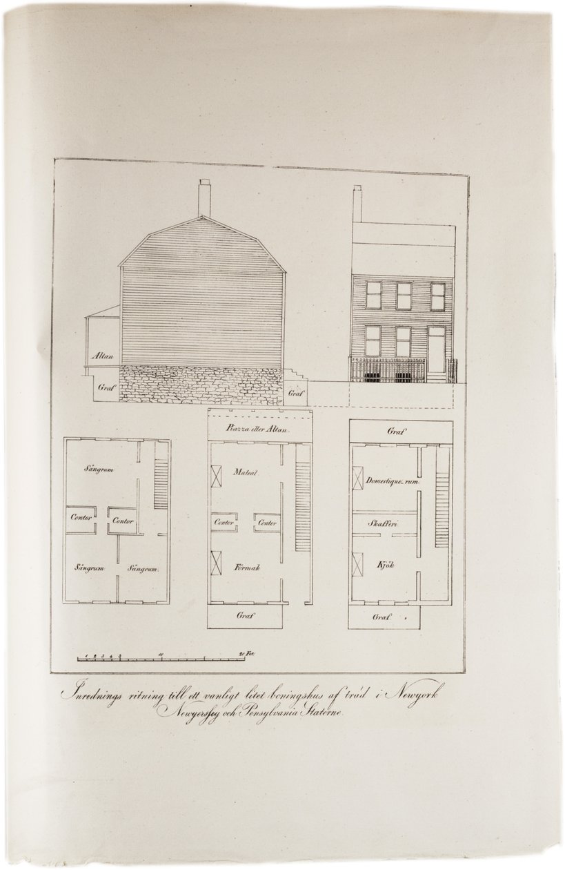 Tegning af en typisk bolig i New York, fra et Atlas of the United States, 1824 af Axel Leonhard Klinckowström