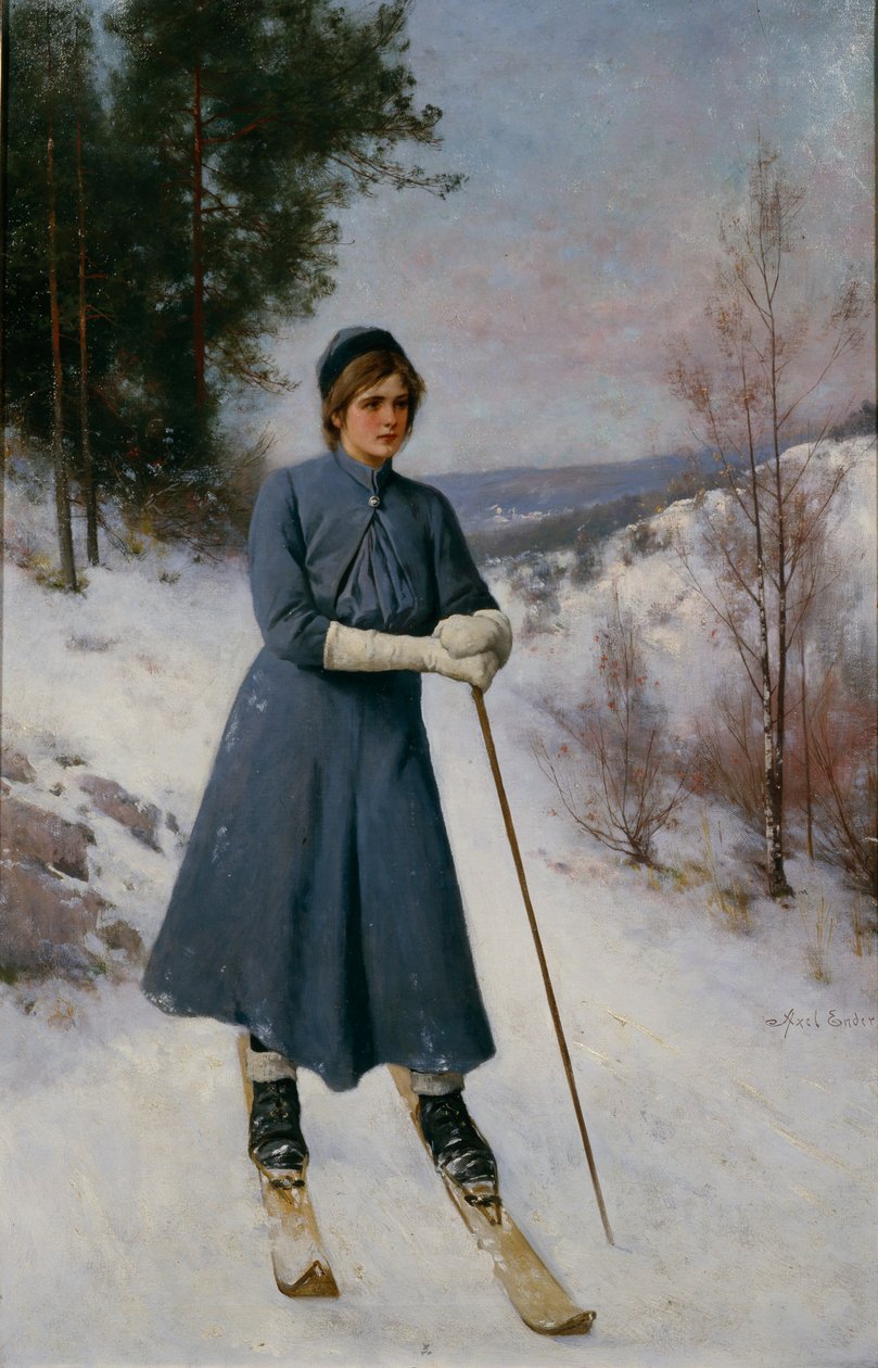 Pige på ski (olie på lærred) af Axel Hjalmar Ender