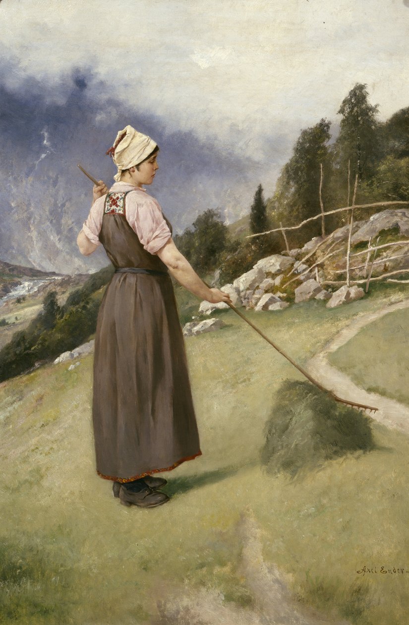 Pige, der river hø (olie på lærred) af Axel Hjalmar Ender