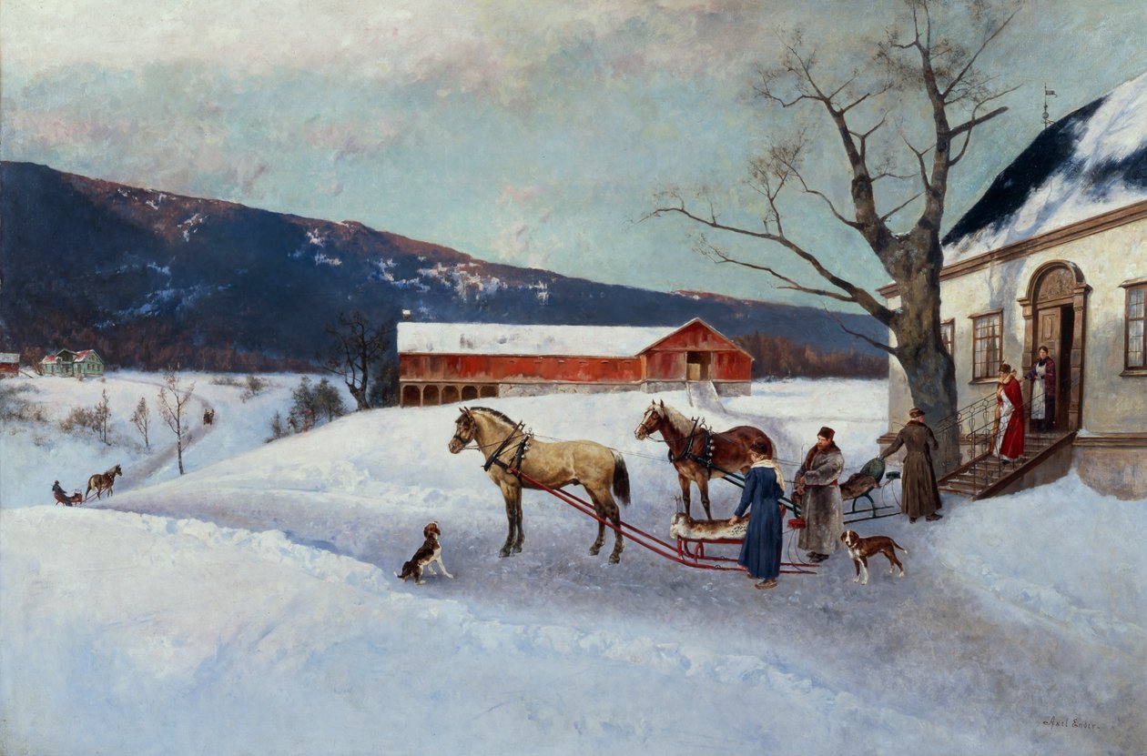 Slædetur fra Farm Yard (olie på lærred) af Axel Hjalmar Ender